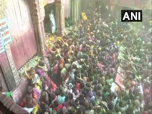 Holi celebration from the Banke Bihari temple in Vrindavan