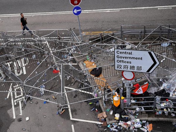 Broken barriers surrounding the Legislative Council building after violent clashes erupted in Hong Kong on Wednesday night
