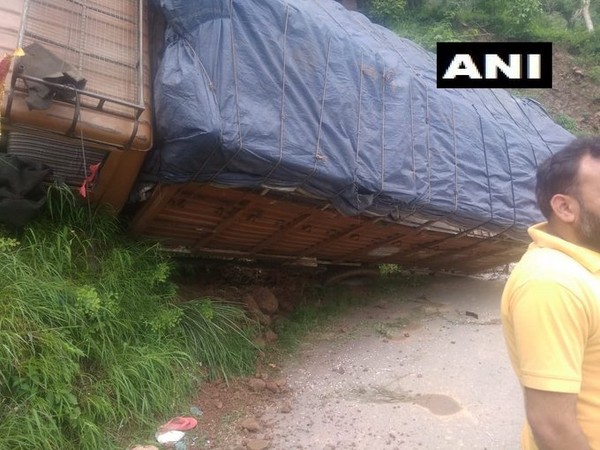 Visuals of the truck overturned on Sunday in Bilaspur. Photo/ANI