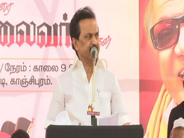 Dravida Munnetra Kazhagam (DMK) president MK Stalin speaking at an event protesting against CAA in Tamil Nadu's Kanchipuram on Tuesday. Photo/ANI