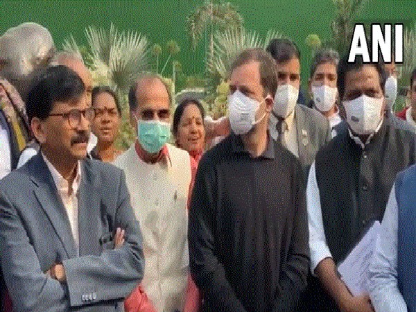 Opposition's protest at the Gandhi Statue on Parliament premises (Photo/ANI)