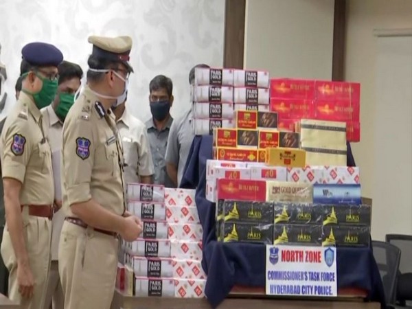 Hyderabad Police busts illegal racket of import and sales of foreign cigarettes. (Photo/ANI)