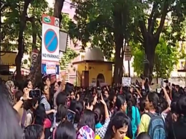 Students protesting in the college premises on Monday. Photo/ANI