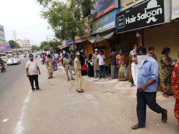 Police deployed at ration shops to maintain social distancing in Hyderabad. Photo/ANI