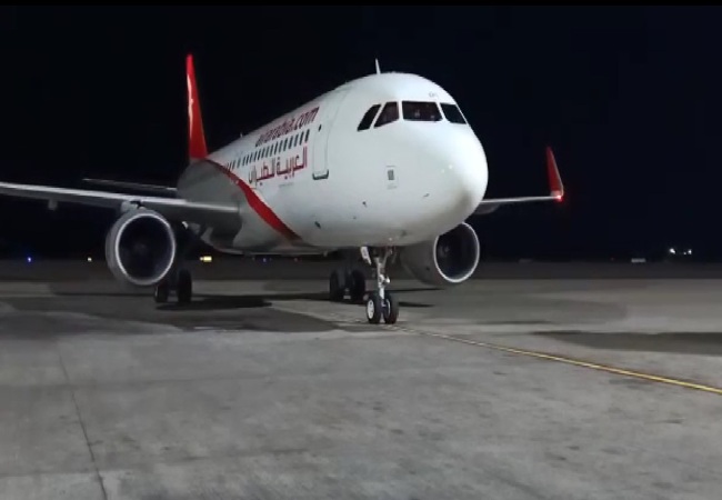 A visual of the Air Arabia Special Passenger Relief Flight for the UAE citizens at GMR Hyderabad International Airport.