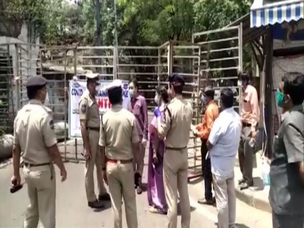 Police personnel at containment zone area in Hyderabad on Thursday. Photo/ANI