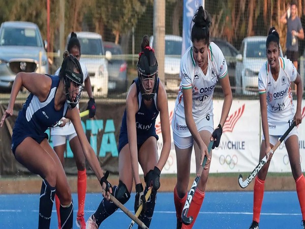 Indian junior women's hockey team in action against Chile senior women's team (Photo/ Hockey India website) 