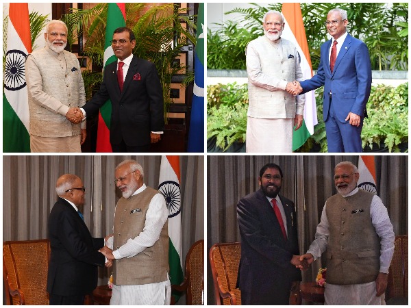 Prime Minister Narendra Modi meeting with several Maldivian leaders in Male on Saturday. (Picture Credits: PMO Twitter)