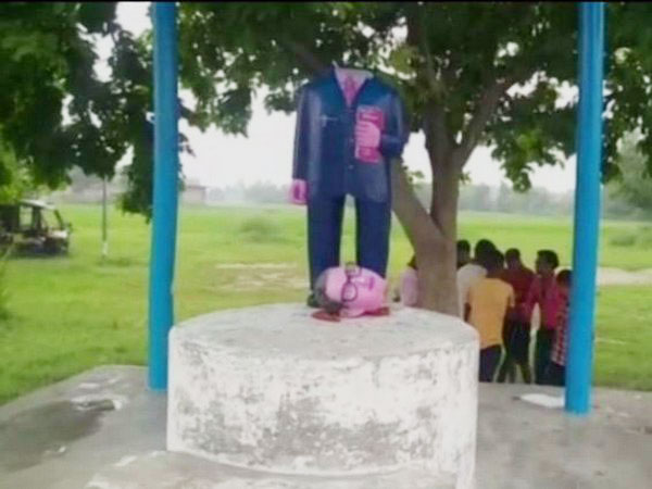 A vandalised statue of Dr BR Ambedkar at one of the villages in Azamgarh.