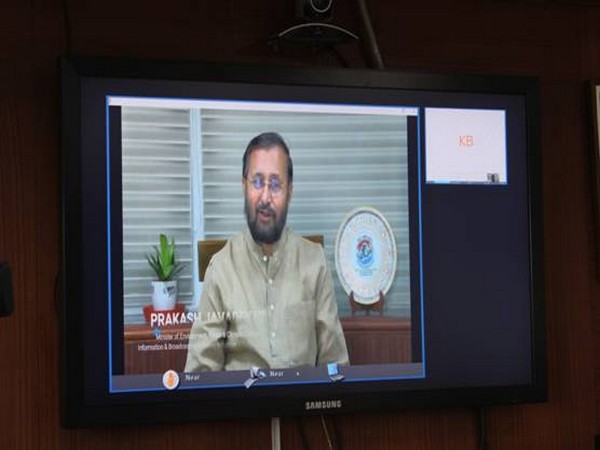 Union Environment Minister Prakash Javadekar addressing the attendees through a video message. 