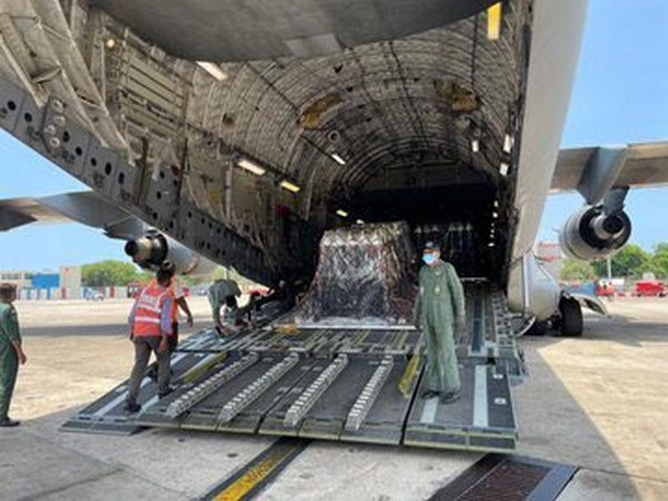 IAF aircraft carrying another 450 oxygen cylinders from UK arrives in Chennai (Photo Credit: Twitter/ Arindam Bagchi)