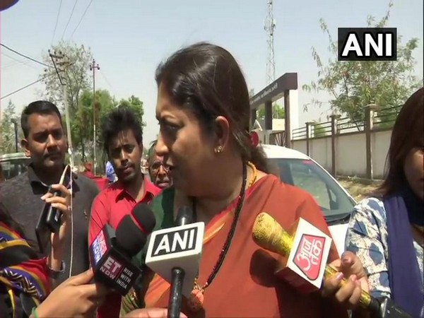 Union Minister Smriti Irani talking to media persons in Amethi on Monday