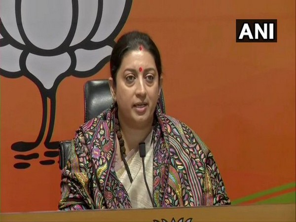 Union Minister Smriti Irani on Monday addressing a press conference in New Delhi. 