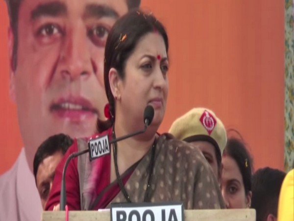 Union Minister Smriti Irani addressing a public gathering in Haryana's Ambala on Thursday. Photo/ANI