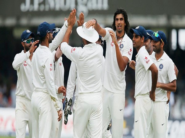 Ishant Sharma celebrates with team mates after England's Matt Prior's dismissal.