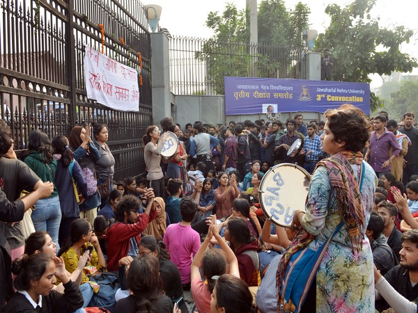 Visual of protest by JNU students at the varsity's gate in New Delhi. Photo/ANI