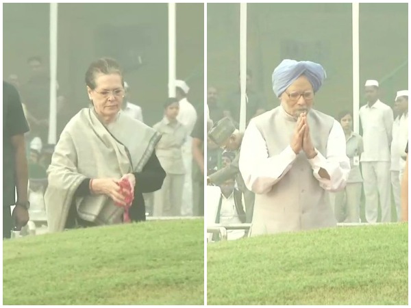 Sonia Gandhi and Manmohan Singh paying tributes to Jawaharlal Nehru on Thursday at Shantivan, New Delhi. Photo/ANI