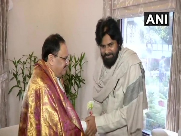 JSP chief Pawan Kalway meeting JP Nadda in New Delhi on Thursday.