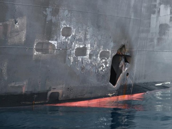 A U.S. military releases image showing hull penetration and blast damage on the Japanese owned motor tanker vessel Kokuka Courageous