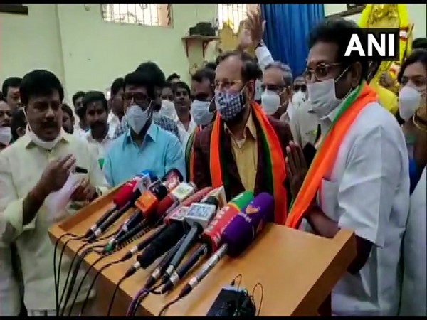 BJP leader Prakash Javadekar with A. Arunachalam who joined BJP after leaving MNM, during a press conference in Chennai on Friday. (Photo/ANI)