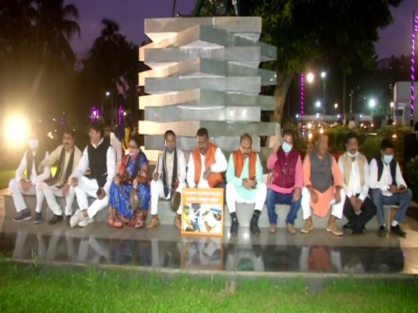 BJP MLAs stage a protest near the Gandhi statue in Odisha (Photo/ANI)