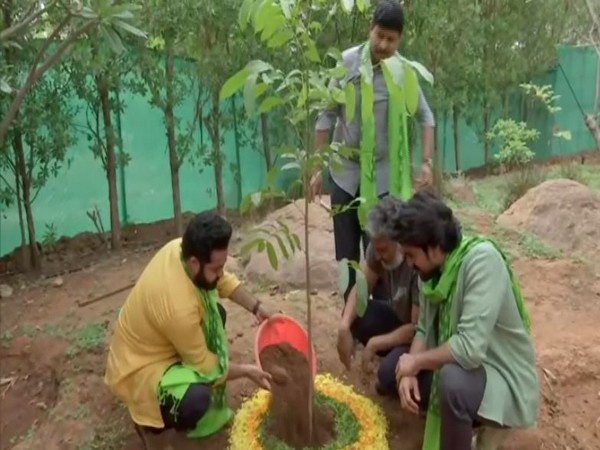 S.S. Rajamouli, Jr NTR and Ram Charan planting saplings in Hyderabad (Photo/ANI)