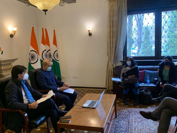 Union Minister of Civil Aviation Jyotiraditya Scindia on Wednesday met Ambassador of India to Romania, Moldova and Albania, Rahul Shrivastava and others (Photo/Twitter)