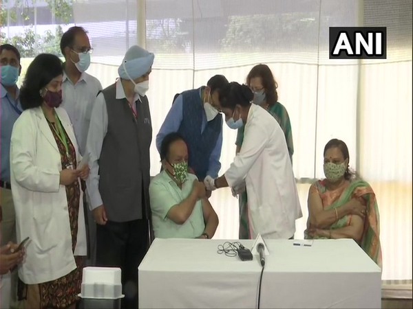 Union Health Minister Harsh Vardhan receiving the second dose of COVID-19 vaccine