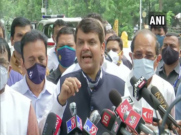 BJP leader Devendra Fadnavis addressing reporters on Tuesday.