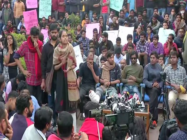 JNU Students' Union addressing a press conference at University campus in New Delhi on Tuesday. photo/ANI