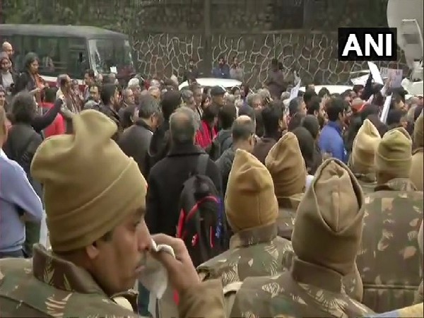 A visual of protest outside JNU in New Delhi on Tuesday. 