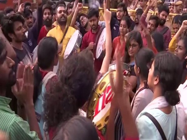 JNU students protest at Vasant Kunj police station in New Delhi on Monday 