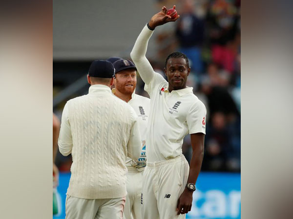 England pacer Jofra Archer posing with ball after taking fifer against Australia.