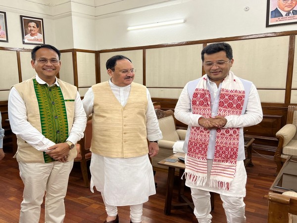 Newly sworn-in MPs Pabitra Gogoi Margherita and Rwngwra Narzary meet BJP chief JP Nadda in Delhi on Monday. (Photo/ANI)