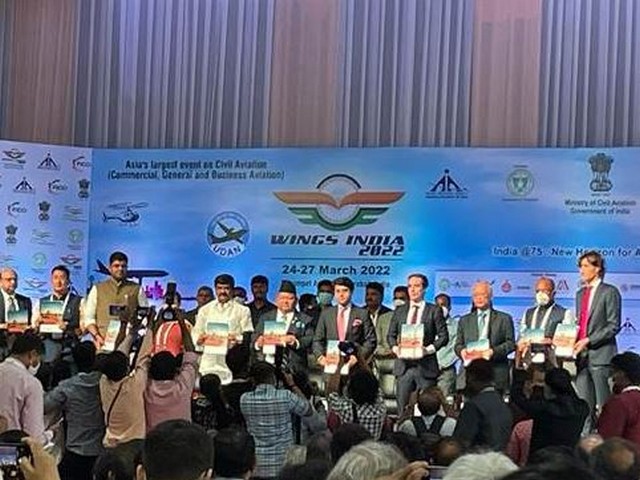 Visuals of Union Civil Aviation Minister Jyotiraditya Scindia at Wings India 2022