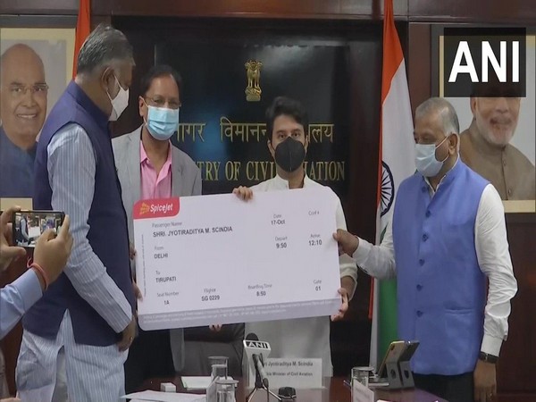 Civil Aviation Minister Jyotiradita Scindia while inaugurating the flight (Photo/ANI)