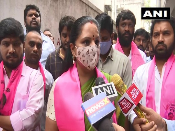 TRS MLC Kalvakuntla Kavitha speaking to media in Hyderabad on Thursday. (Photo/ANI)