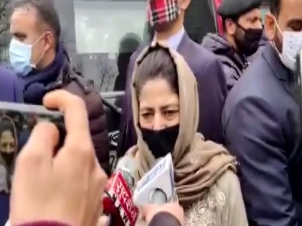 PDP leader Mehbooba Mufti talking to reporters on Saturday.