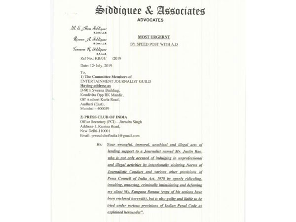 Legal notice sent by Kangana Ranaut's lawyer 