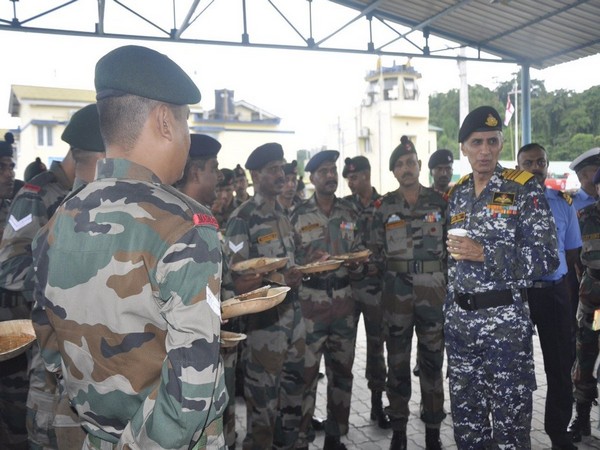 Navy chief Admiral Karambir Singh interacting with security personnel at Campbell Bay on Friday. 