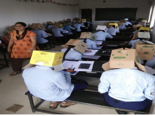Students at Bhagat Pre-University College in Haveri, Karnataka were made to wear cardboard boxes. 