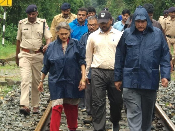 South Western Railway officials inspecting the section of Railway track where land erosion took place near Sakleshpur, Karnataka