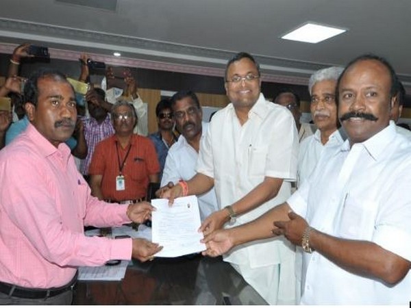 Karti Chidambaram filing his nomination paper from Sivaganga constituency on Monday. Photo/ANI