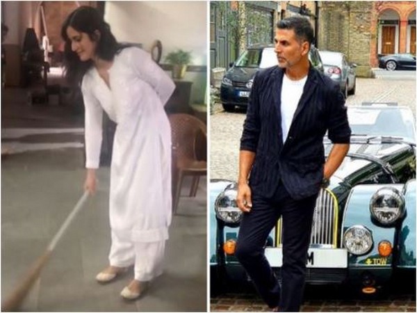 A still from the behind-the-scene video shared by Akshay Kumar that saw Katrina sweeping the floors in the sets of 'Sooryavanshi' (Image courtesy: Instagram)