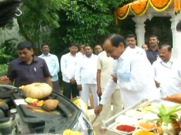 Telangana Chief Minister K Chandrashekhar Rao performing Vehicle Puja on Tuesday.