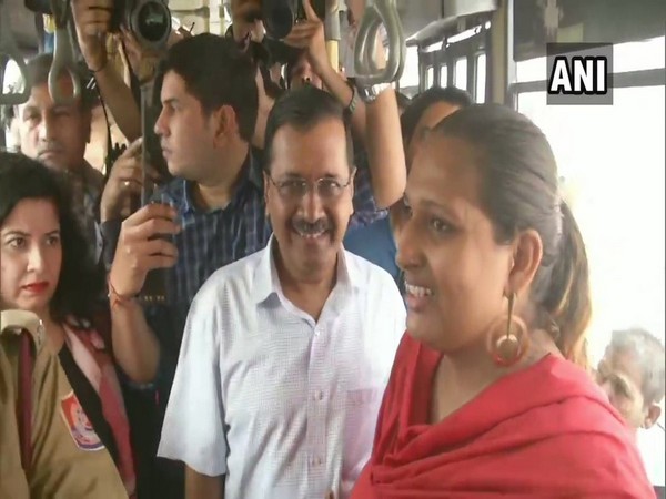 Delhi Chief Minister Arvind Kejriwal interacts with women riders in a DTC bus in Delhi [Photo/ANI]