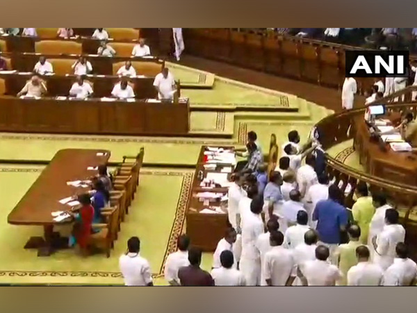 Opposition members protesting in Kerala Assembly on Monday.