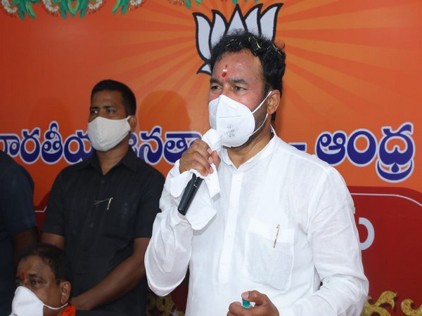 Union Minister of State for Home G Kishan Reddy addressing party workers and leaders at BJP's new office (Photo/ANI)