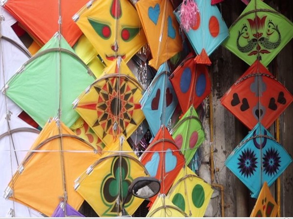 Colourful kites diaplayed in a market at Surat. (Photo: ANI)