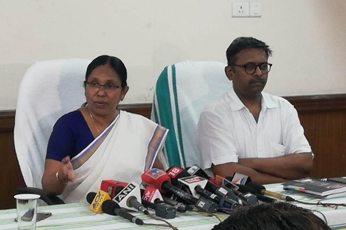 Kerala Health Minister KK Shailaja addressing press briefing in Kochi on Thursday 